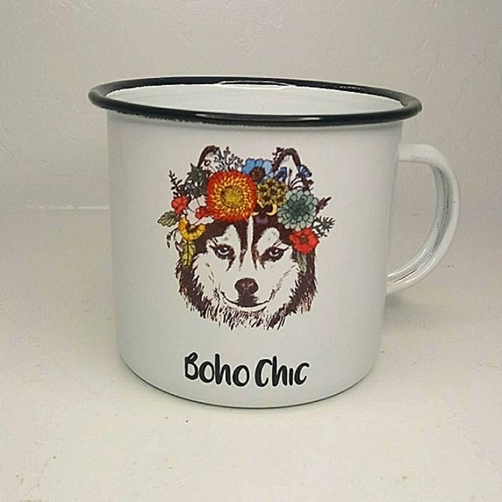 Enamel Boho Chic Husky Flowers Mug